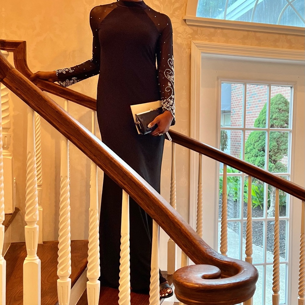 MARINA Sheer Sleeve Jersey Beaded Gown